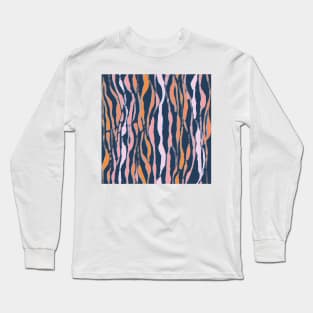 animal print - orange and pink striped tiger-zebra on a blue background Long Sleeve T-Shirt